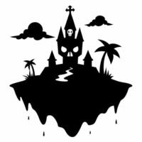 Spooky Floating Island Silhouette with Haunted Castle and Creepy Skull Design vector
