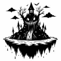 Spooky Floating Island House with Eerie Trees and Bats in Dark Silhouette Art vector