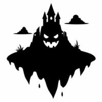 Haunted Floating Castle Silhouette with Spooky Face and Clouds vector