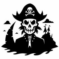 Pirate Skeleton with Hat and Skull Emblem Overlooking Spooky Island Silhouette vector