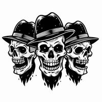 Trio of Skull Illustrations in Classic Hats Dark Art with Vintage Style vector