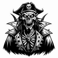 Monochrome Illustration of a Skeleton Pirate with Hat and Jacket in Gothic Style vector
