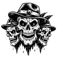 Three skulls with a hat on top of them vector
