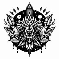 Mystical Symbolism Monochrome Geometric Design with All Seeing Eye, Leaves, and Celestial Motifs vector