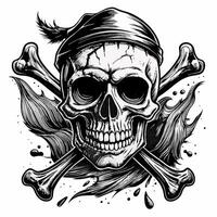 Intricate Pirate Skull with Crossbones and Bandana Illustration in Black and White vector