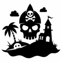 Pirate Skull Island Silhouette with Lighthouse and Palm Tree vector