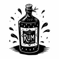 Hand Drawn Rum Bottle Illustration with Artistic Splash Elements in Black and White vector