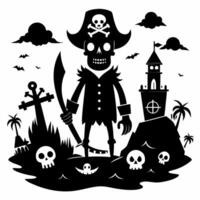 Silhouette of Pirate Skeleton on Spooky Island with Sword and Tower vector