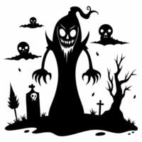 Spooky Halloween Scene with Ghostly Figures in Graveyard Silhouette vector