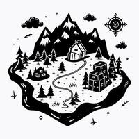 Minimalist Mountain Landscape Illustration with Cabin and Compass vector