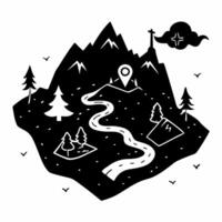 Black and White Mountain Adventure Icon with Road and Location Pin vector