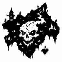 Spooky Skull Island Silhouette of Haunted Landscape with Tent and Tower vector