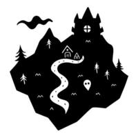 A black and white drawing of a mountain with a road leading to a castle vector