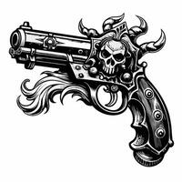 Intricate Skull Gun Illustration with Gothic Elements and Flames vector