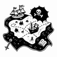Treasure Map Illustration with Pirate Ships and Skull Symbol in Black and White vector