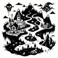 Black and White Fantasy Map with Mountains and Mysterious Castles vector