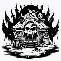 Spooky Cabin in Forest with Skull Decor and Creepy Atmosphere vector