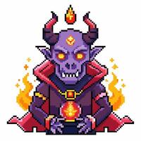 Pixel Art Demon Character with Flames and Magical Orb in Retro Game Style vector