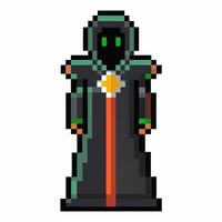 Retro Pixel Art Dark Robed Character with Green Eyes and Mystical Symbol vector