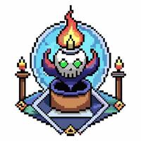 Pixel Art Candle Skull with Flames and Mystical Background in Retro Game Style vector