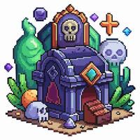 Pixel Art Haunted Tomb with Skulls and Magical Elements vector