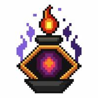 Pixel Art Magic Potion Bottle with Flame and Purple Sparks Retro Game Icon vector