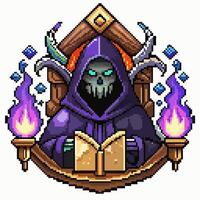 Pixel Art Hooded Skeleton Reading a Book with Magical Flames and Dark Background vector