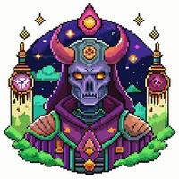Pixel Art Fantasy Character Skull Wizard with Mystical Background vector