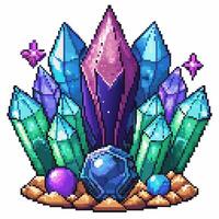 Pixel Art Gemstone Cluster Retro Crystal Collection in Vibrant Colors vector