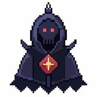 Pixel Art Hooded Skeleton Character with Red Eyes and Gemstone on Chest vector