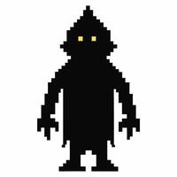 Retro Pixel Art Dark Hooded Character with Glowing Eyes in 8 Bit Style vector