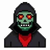 Pixel Art Grim Reaper with Red Eyes in Dark Hooded Cloak vector