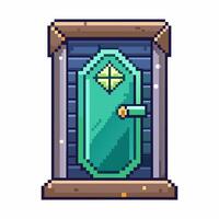 Pixel Art Green Door Nostalgic Retro Digital Illustration with Geometric Patterns and Blue Background vector