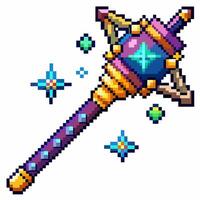 Colorful Pixel Art Fantasy Scepter with Sparkling Magical Effects vector