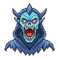 Pixel Art Zombie with Glowing Eyes and Fangs in Dark Hooded Cloak vector