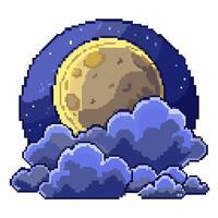 Pixel Art Moon with Clouds and Starry Night Background Illustration vector