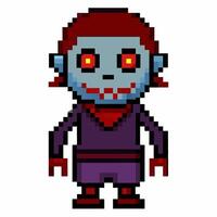 Pixel Art Vampire Character with Red Eyes and Blue Skin in Purple Outfit vector