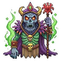 Pixel Art Fantasy Skeleton Mage with Green Aura and Mystic Staff Retro Gaming Character Design vector