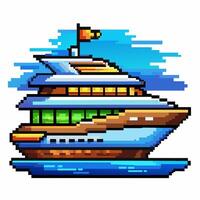 Retro Pixel Art Yacht on the Ocean with Blue Sky in Background vector