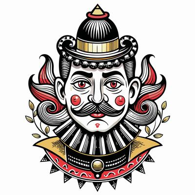 Vintage Royal Clown Illustration with Red Accents and Detailed Features