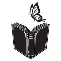 Black and white illustration of an open book with a butterfly flying above it vector