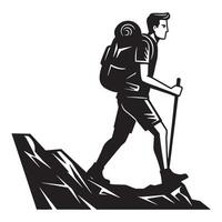 Silhouette of a hiker climbing a mountain with backpack and hiking stick in black and white vector