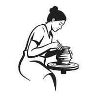 Artistic woman working on pottery wheel creating a beautiful ceramic vase in her studio vector