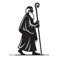 Silhouette of a bearded monk walking with a staff symbolizing faith and guidance vector