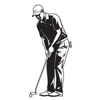 Black and white illustration of a golfer focused on putting a golf ball into the hole vector