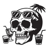 Skull relaxing on vacation wearing sunglasses with refreshing tropical drinks and palm tree vector