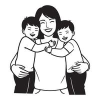 Mother and two children smiling joyfully and embracing in a black and white illustration vector
