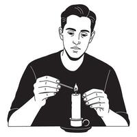 Man lighting a candle with a match black and white simple illustration vector