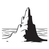 Stylized black and white illustration of a rugged coastal cliff and ocean view vector