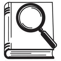 Conceptual black and white illustration of a book with magnifying glass for learning vector